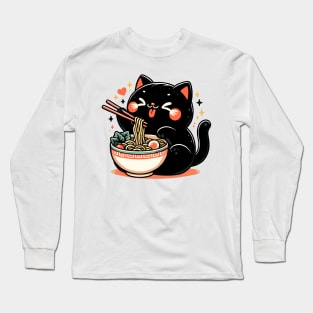 Kawai Cat Eating Ramen Long Sleeve T-Shirt